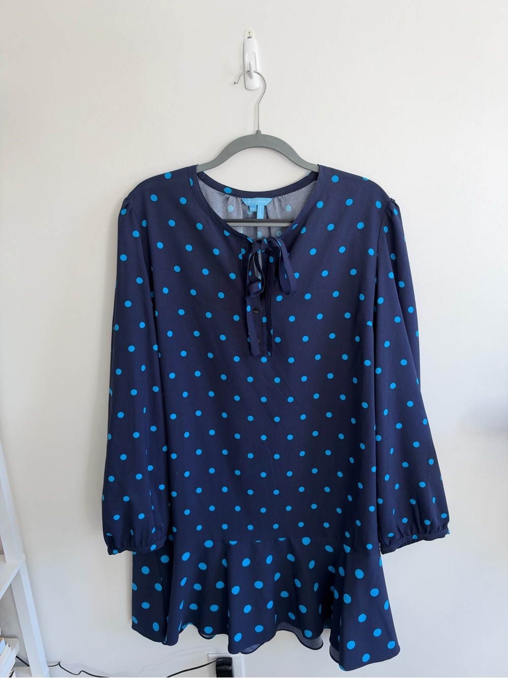 Draper James Rosanne shift Navy Blue Polka Dot Tie-Neck Dress